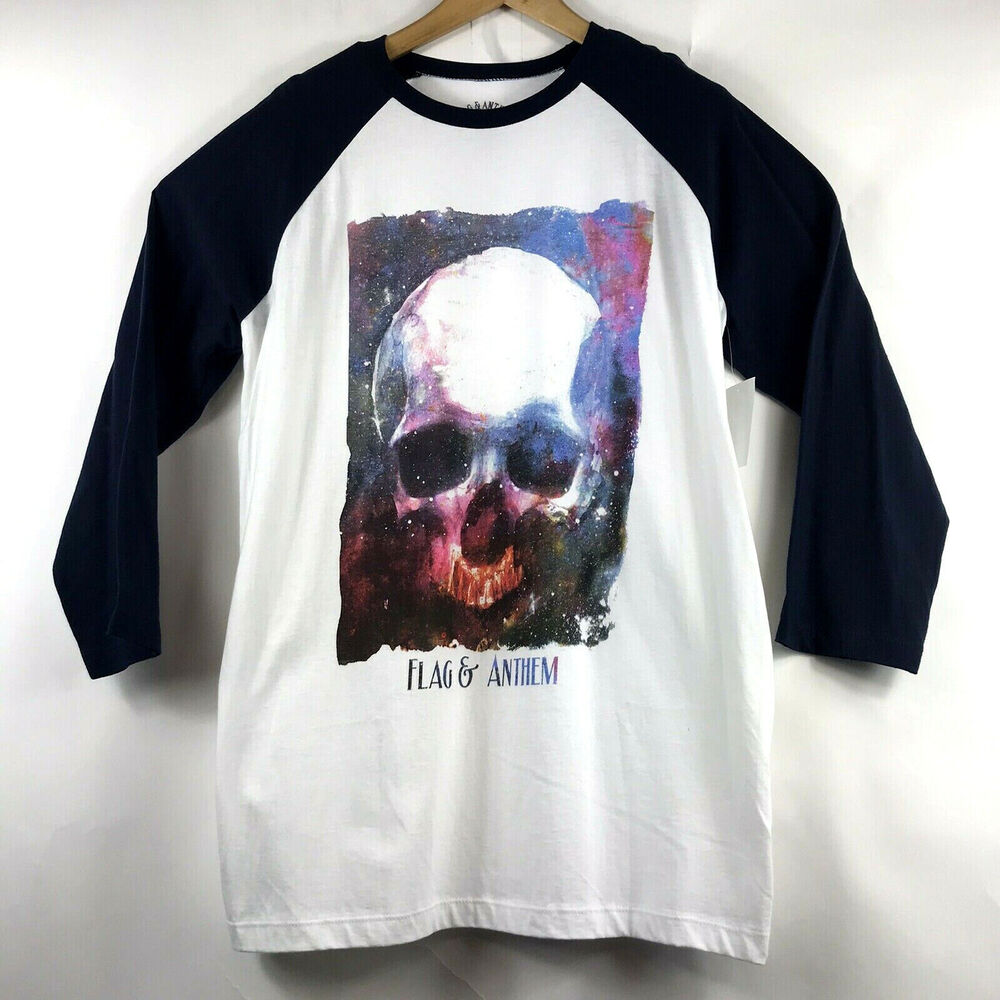 Flag & Anthem Mens L Skull Graphic Baseball T-Shirt Navy White 3/4 Sleeve Cotton - Picture 1 of 5